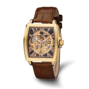 Charles Hubert Mens Brn Strap/IP-plated Skeleton Dial Automatic Watch